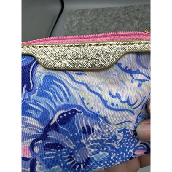 Lilly Pulitzer Wristlet ID Case Zip Pouch with Key Ring Attachment Blue Pink - Picture 6 of 7